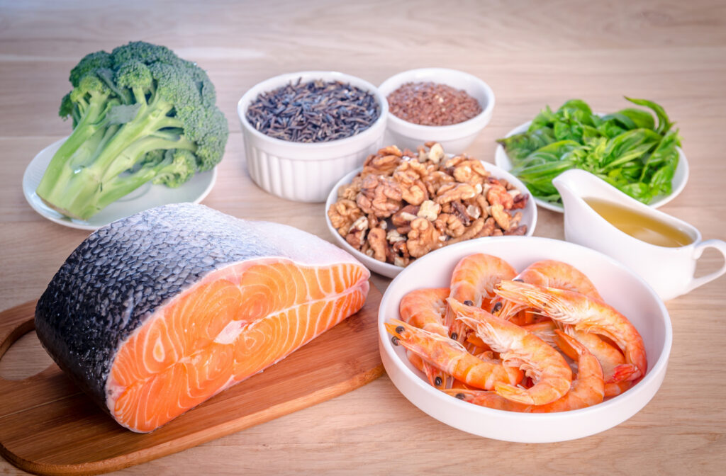 Salmon, shrimp, and nuts portraying omega-3 good for dry eye