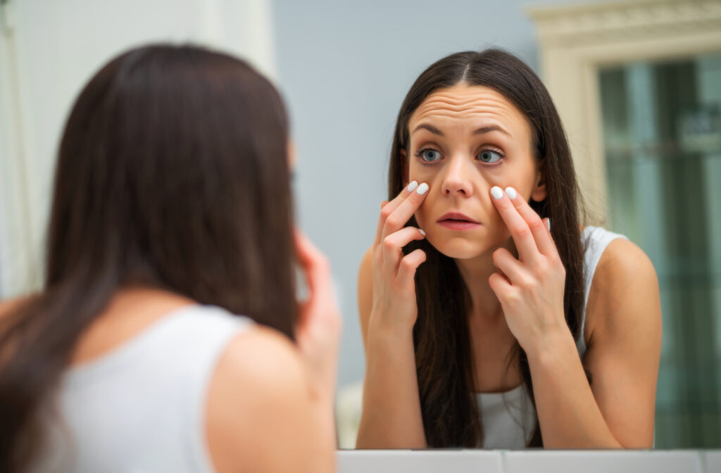 Women with tired and dry eye looking in mirror while pulling down skin of eye