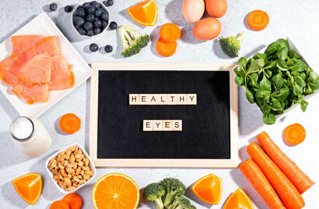 A selection of foods that are sources of omega-3, and vitamins A, C, and D, surrounding a letterboard that reads "healthy eyes."