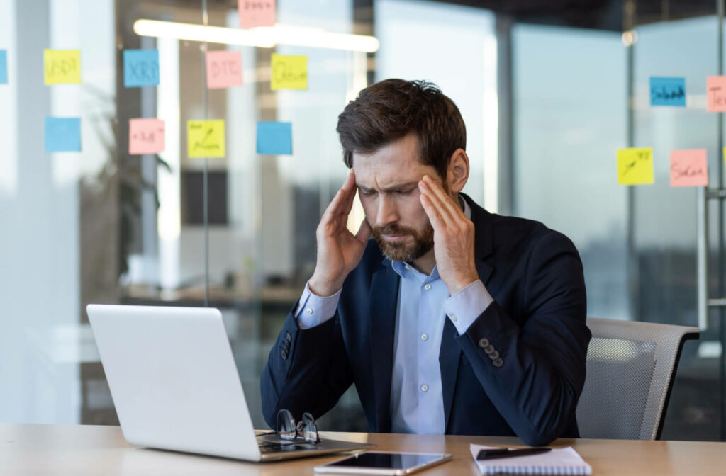 A young professional in their office, rubbing their temples due to dry eyes and discomfort while looking at their screen.