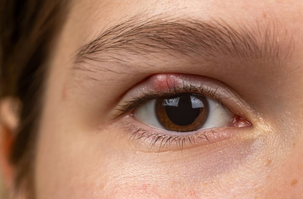 A close-up image of a person's right eye with a stye on their upper eyelid.