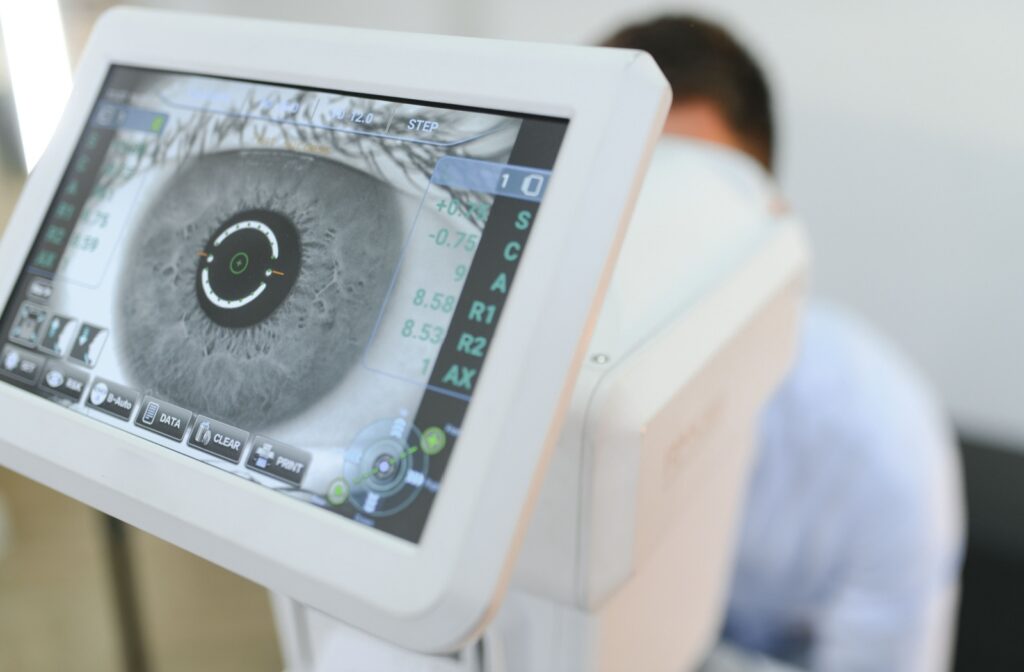 Close-up of an OCT eye scan showing detailed retinal imaging used to detect early signs of macular degeneration.