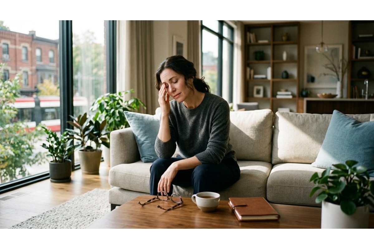 A woman sitting on a couch in a sunlit living room looking stressed, with her hand pressed against her temple and forehead, appearing to suffer from eye strain or a headache; her eyeglasses are placed on the coffee table in front of her alongside a mug and a notebook.