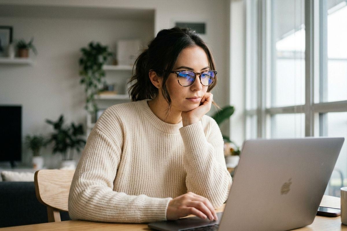 A woman with long dark hair wearing stylish glasses with blue light-filtering lenses while working attentively on her laptop at home. She is resting her chin on her hand, displaying a focused expression, which highlights the importance of eye health and vision correction during digital screen use.