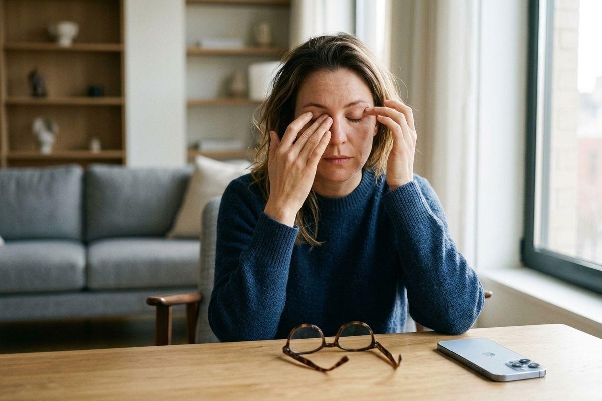 Adult sitting at a wooden table, rubbing both eyes with hands, eyes closed. Glasses and a smartphone rest on the table nearby.