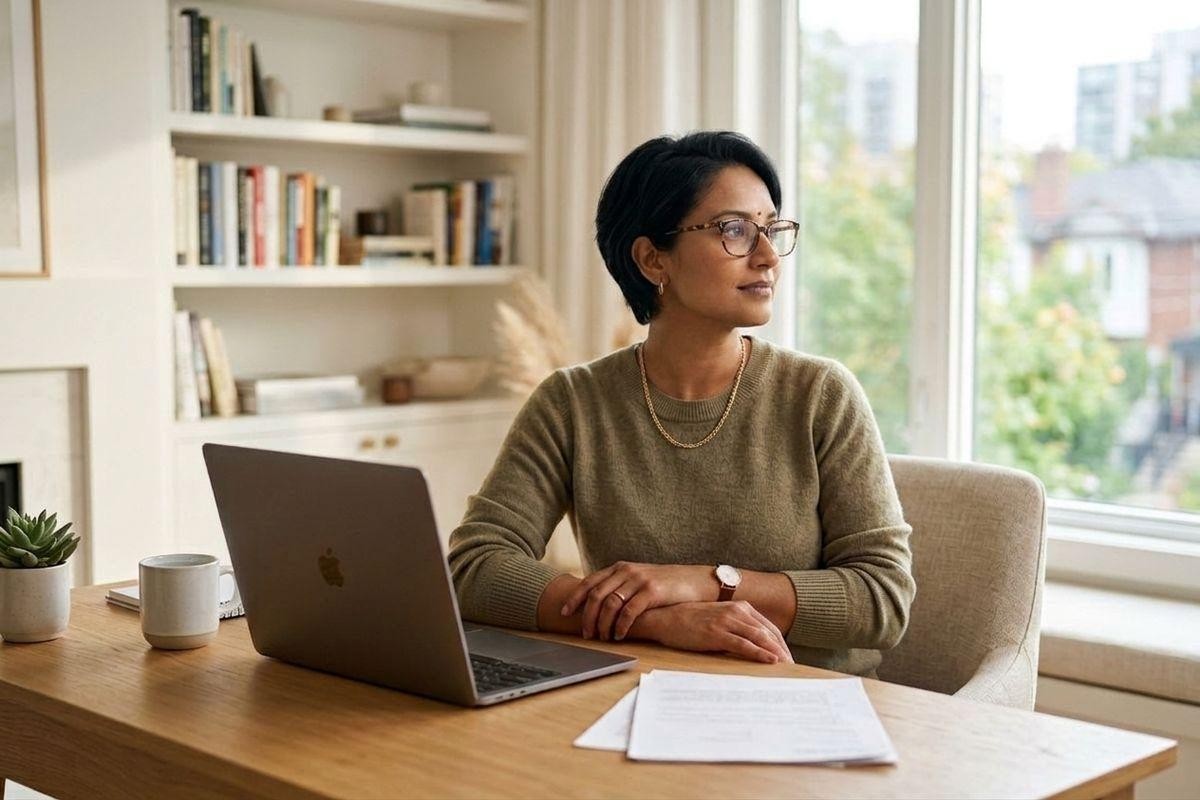 adult-wearing-glasses-sits-at-a-wooden-desk-with-a-laptop-and-papers-looking-tho Adult wearing glasses sits at a wooden desk with a laptop and papers, looking thoughtfully toward a window in a home office.