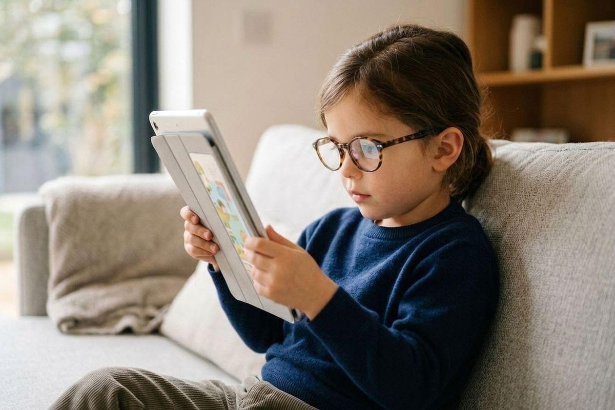 Child wearing glasses sitting on a sofa, focused on a tablet showing a colorful screen.