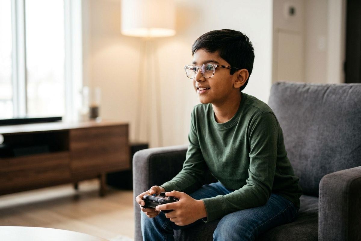 Child wearing glasses sitting on a sofa, smiling while holding a game controller in a living room.