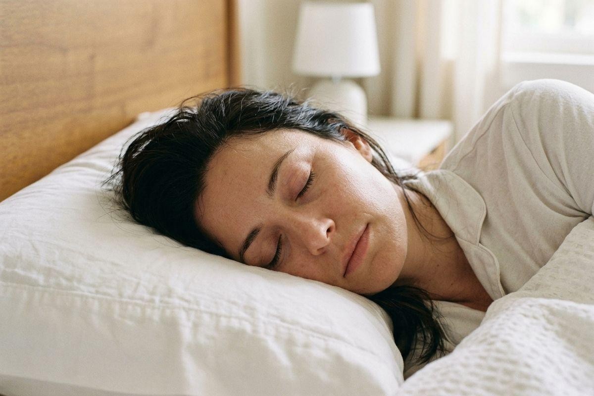 Adult with dark hair sleeping on a white pillow in a bedroom, eyes closed, head resting sideways on bedding.