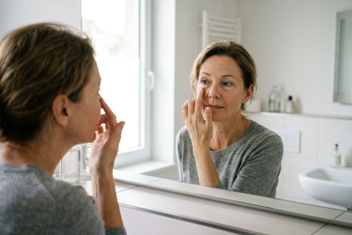 An adult examining the skin under their eye in a bathroom mirror, touching their cheek.