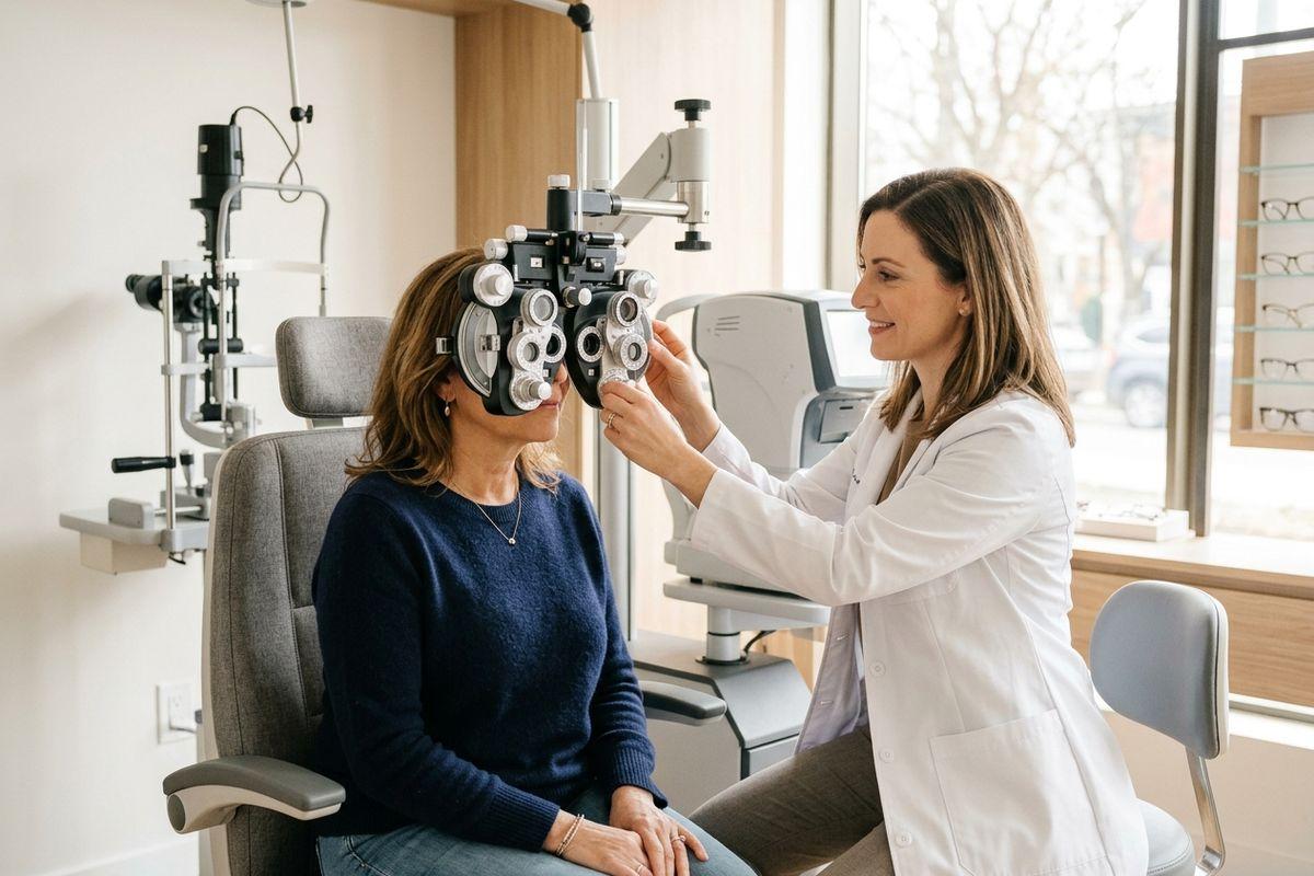 An optometrist adjusts a phoropter for a seated patient during an eye exam in a clinic.