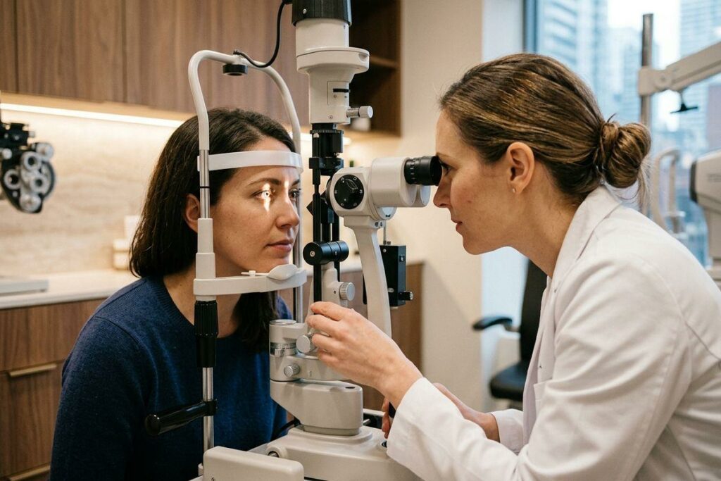 An optometrist examines a patient's eyes using a slit lamp during an eye exam in a clinic.