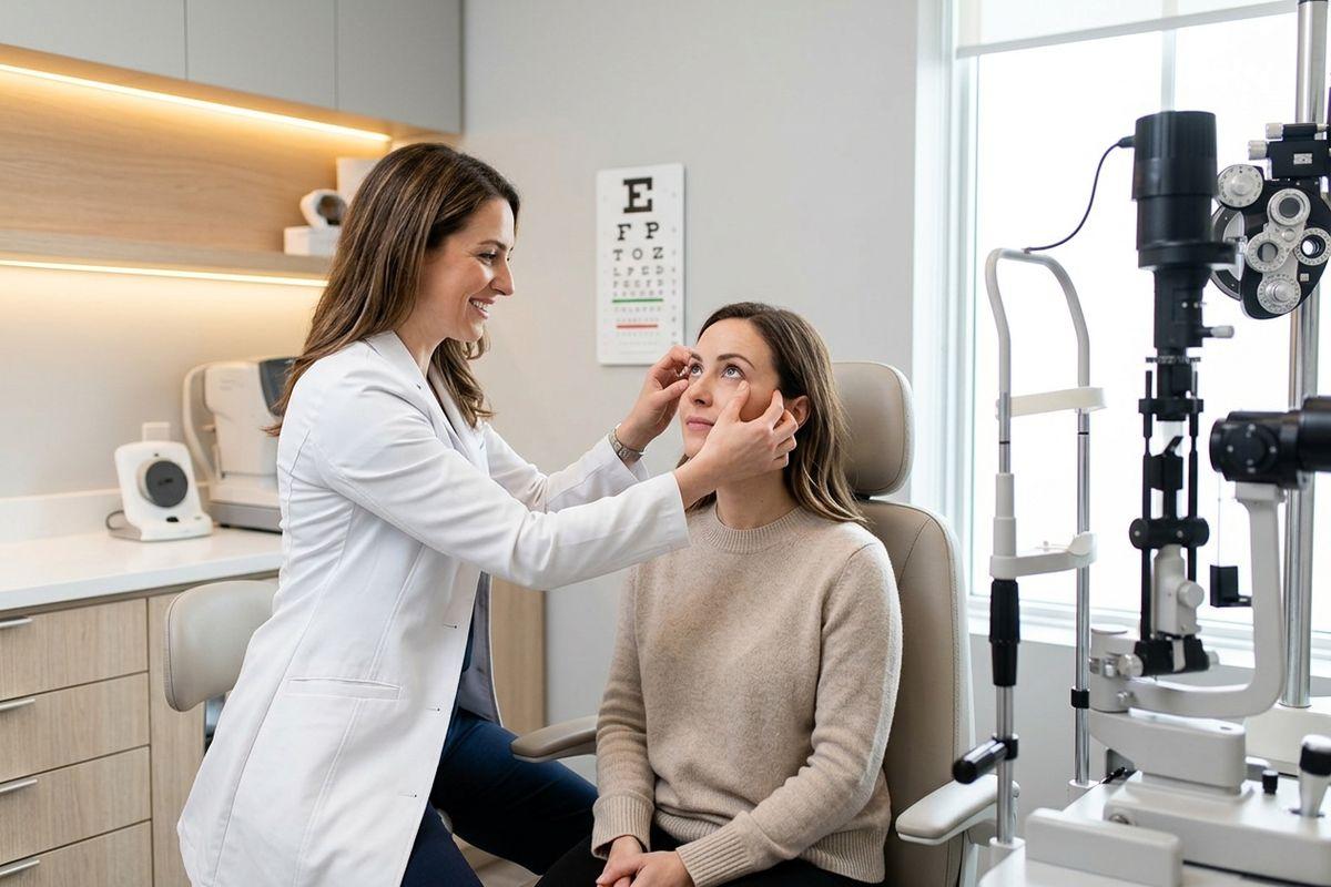 An optometrist examines a seated patient's eye in an exam room, with an eye chart and slit lamp nearby.