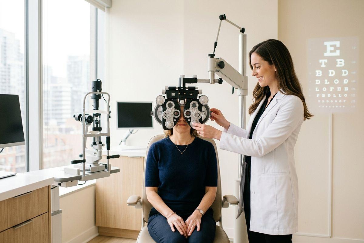 An optometrist adjusts a phoropter for a seated patient during an eye exam, with an eye chart on the wall in the background.