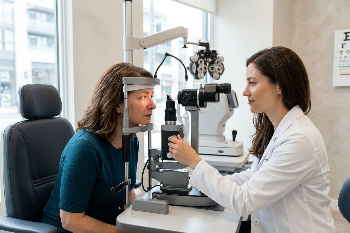 An optometrist examines a patient's eye with a slit lamp during an eye exam, with the patient's chin resting on the device.