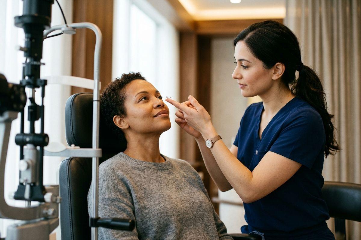 An optometrist inserts a contact lens into a seated patient beside a slit lamp in an exam room.