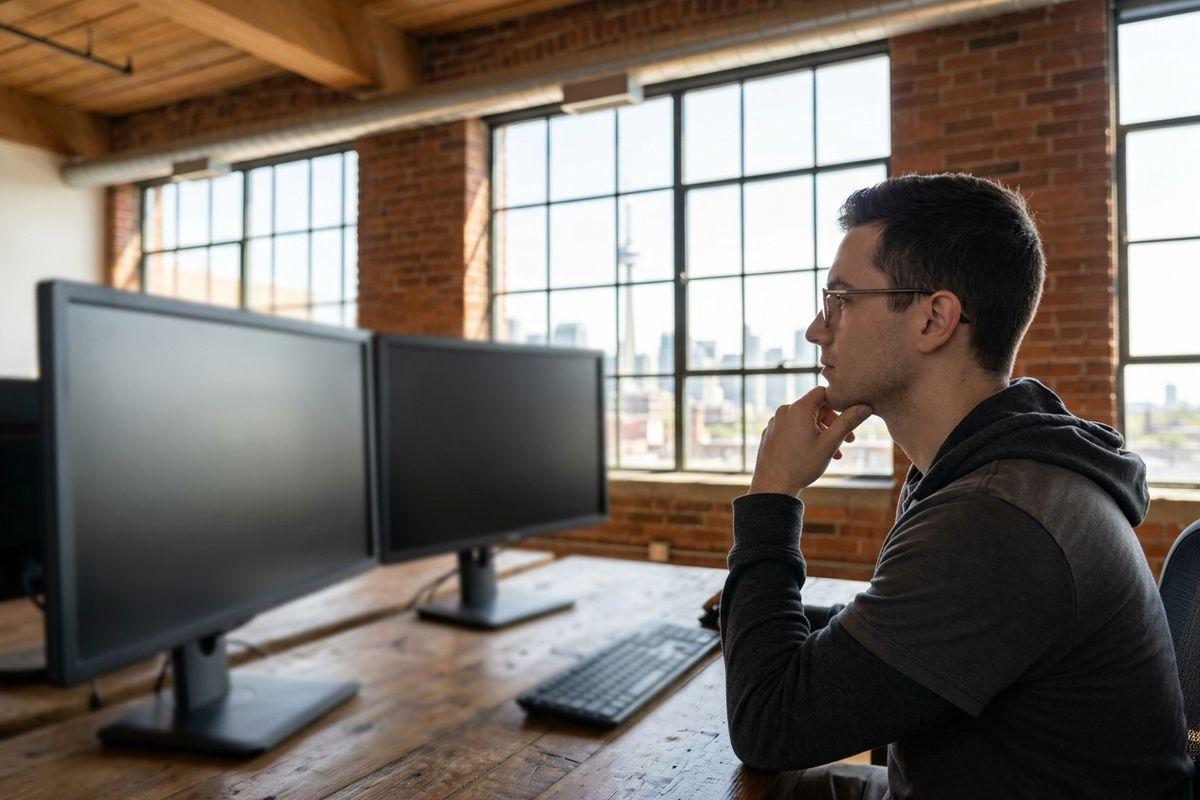 A person with glasses and a hooded sweatshirt sits at a wooden desk, hand on chin, looking at 2 dark monitors in a brick loft office.