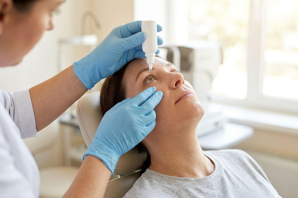 Optometrist in blue gloves puts a drop from a small white bottle into the eye of a patient reclined in an exam chair, who looks upward.