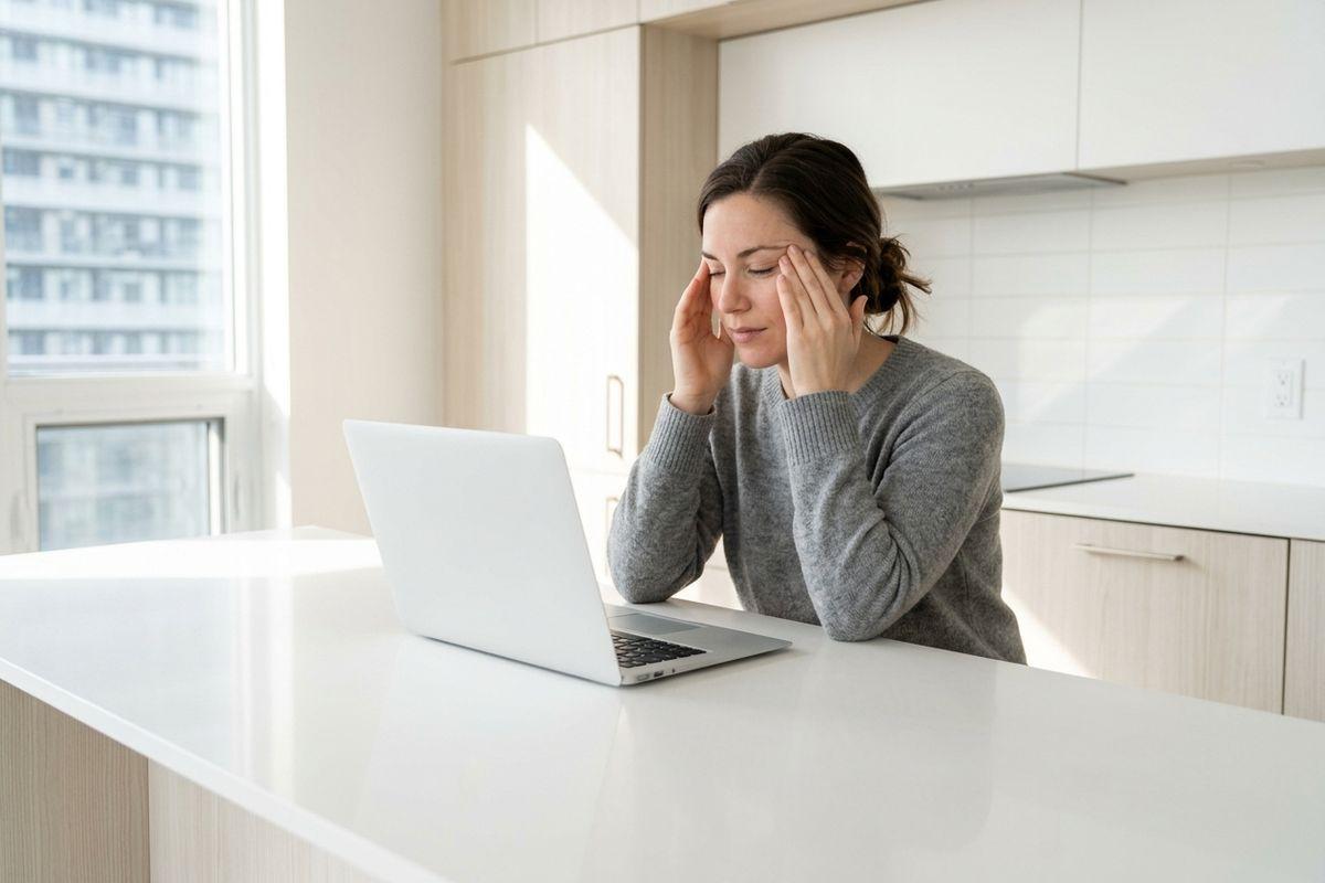 Person with eyes closed, pressing fingers to their temples at a kitchen counter in front of an open laptop, in a bright kitchen.