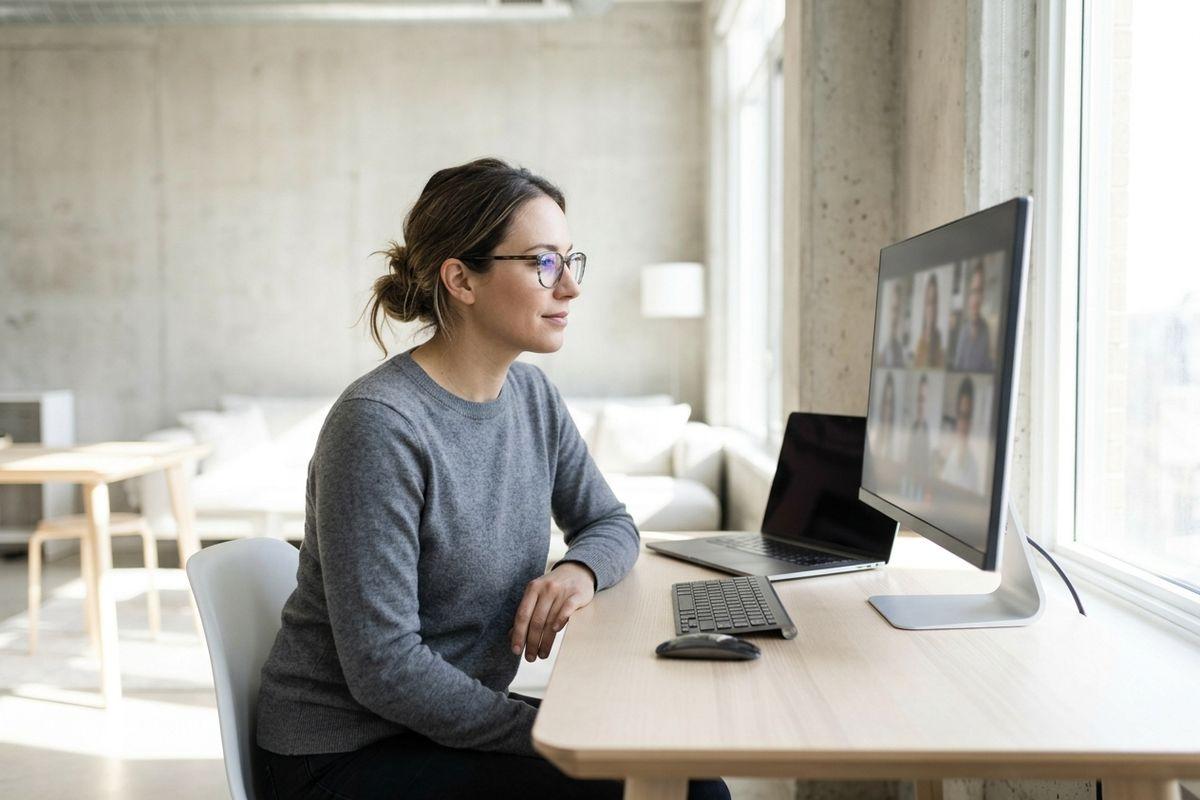 Person with glasses and a gray sweater smiles at a video call of several people on a desktop monitor, seated at a wooden desk in a bright loft.