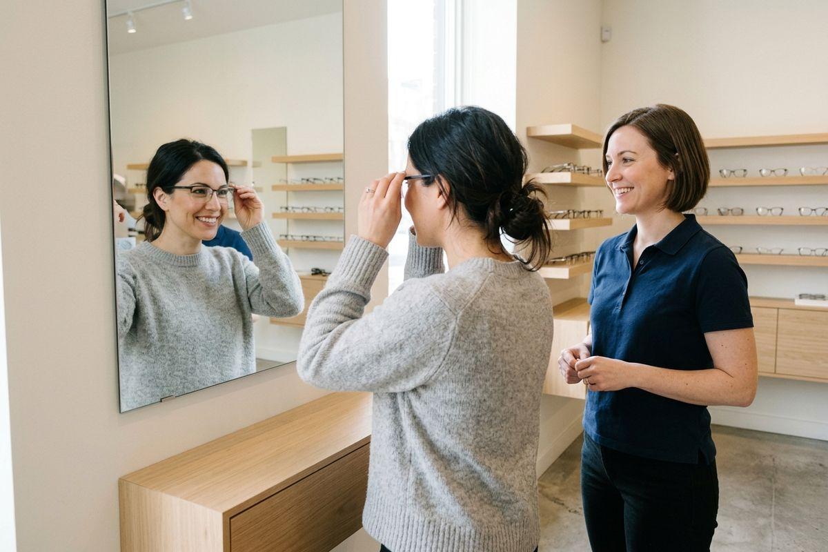 Smiling person tries on glasses in a wall mirror at an eyewear shop while a smiling staff member watches beside shelves of frames.