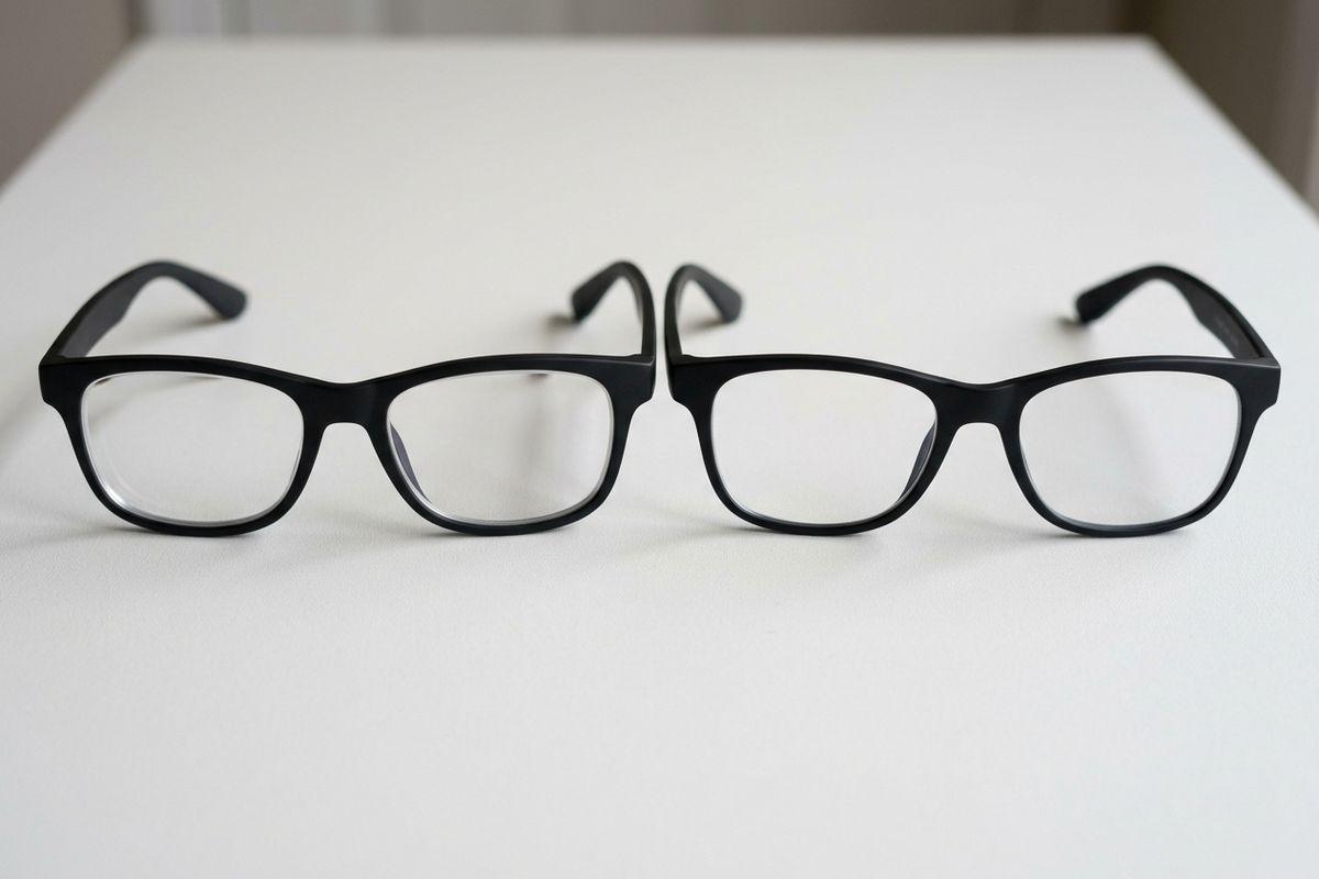 Two pairs of black rectangular-framed eyeglasses with clear lenses sit side by side on a white surface.